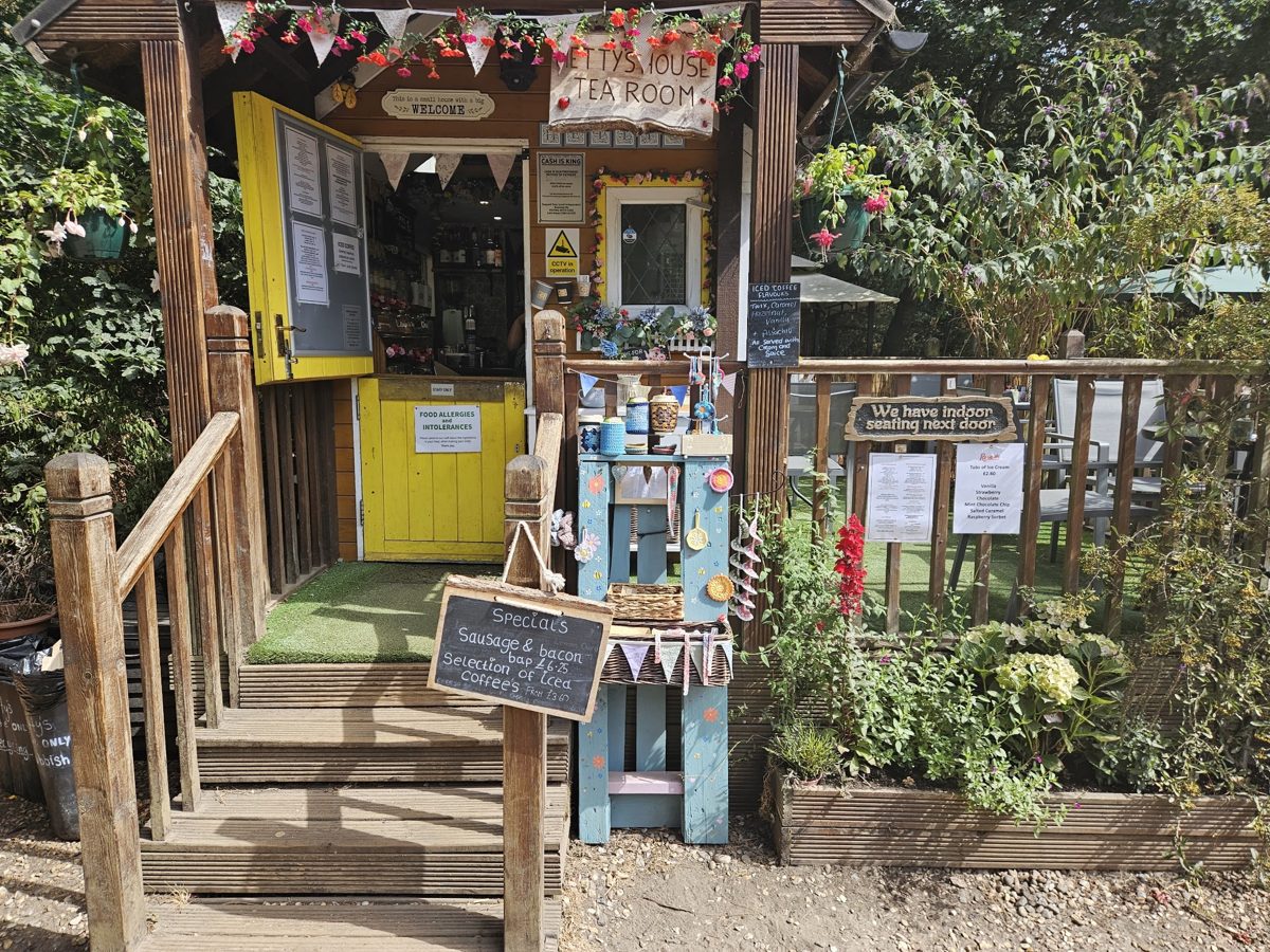 The wooden tea room with steps up to the hatch and bunting